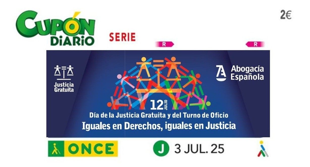 Cupón de la ONCE Día de la Justicia Gratuita y Turno de Oficio. Sorteo 3 de julio de 2025.
